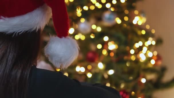 Silueta femenina morena en Santa sombrero rojo de fondo árbol de Navidad — Vídeos de Stock