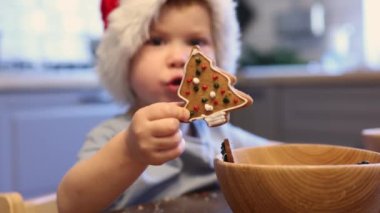 Kafkas bebek çocuk Noel Baba kırmızı şapka Noel kurabiyesi köknar ağacı ısırıyor 