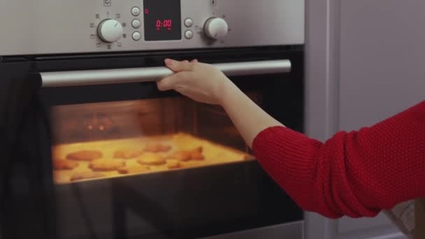 Forno de abertura vermelho fêmea tirando cozido biscoitos de gengibre caseiros Natal — Vídeo de Stock