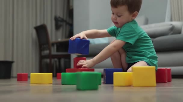 Küçük çocuk yerde renkli plastik bloklardan kule garajı inşa ediyor. — Stok video