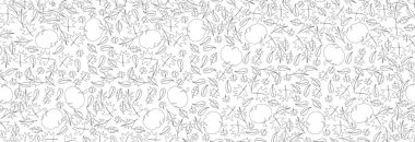 Siyah bir darbede yapraklar ve balkabağı, beyaz bir arka planda pürüzsüz desen. 