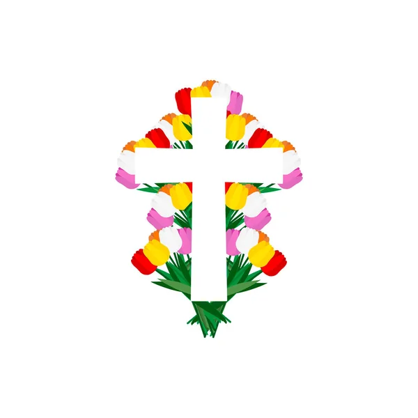 Croix Blanche Derrière Beaucoup Fleurs Colorées — Image vectorielle