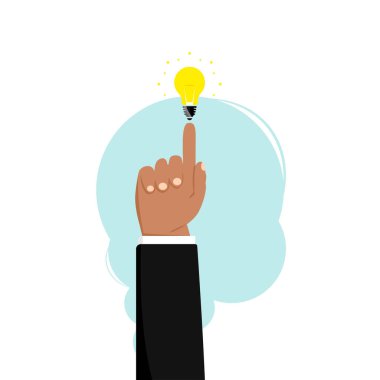 Parlak bir fikir vardı ve ampul yandı. İşaret parmağı parlak ampulü işaret ediyor.. 