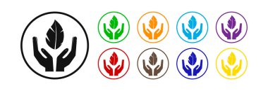 Bir broşür tutan eller, farklı renklerde simgeler..