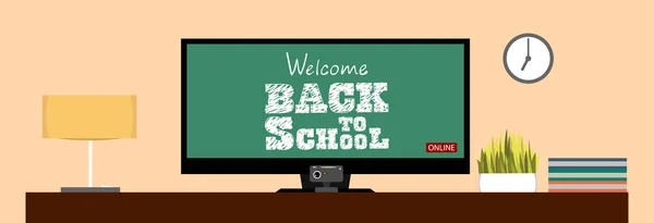 Willkommen Der Online Schule Computer Und Videoübertragung Des Unterrichts — Stockvektor