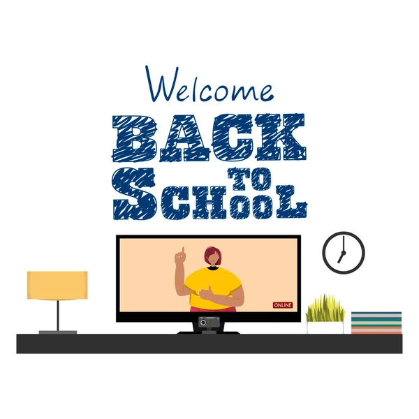 Welcome Online School Teacher Teaches Lessons Internet — Vettoriale Stock