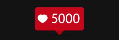 Red icon of 5000 likes with a heart for notification in networks.