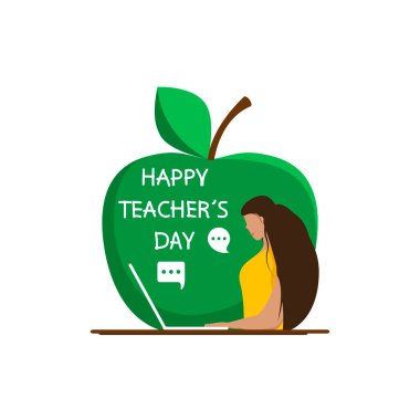 Bilgisayarlı bir öğretmen çevrimiçi dersler veriyor. Öğretmenler Günü.