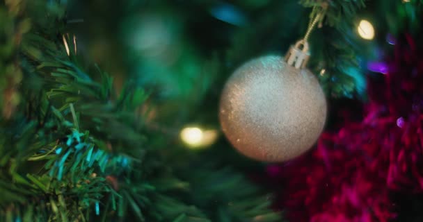 Bola blanca brillante en el árbol de Navidad — Vídeo de stock