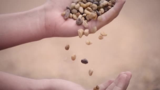 Камінці падають з однієї руки в іншу — стокове відео