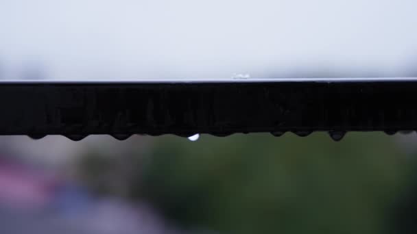 Långsam rörelse droppar regn på ett staket — Stockvideo