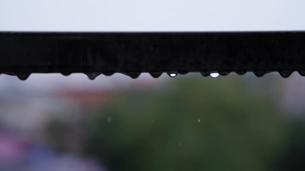 Långsamma rörelser av regndroppar på räcket — Stockvideo