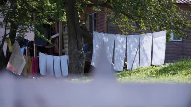 Witte lakens drogen in een tuin — Stockvideo