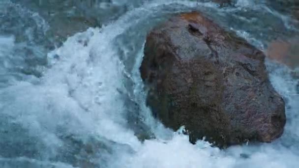 Κοντινό Πλάνο Ενός Βράχου Που Διοικείται Από Ένα Δυνατό Ποτάμι — Αρχείο Βίντεο