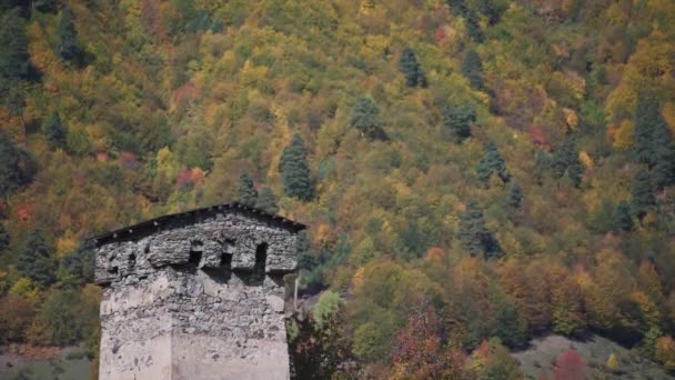 Древняя Сванская Башня Грузии Горном Склоне Покрыта Красочными Осенними Деревьями — стоковое видео