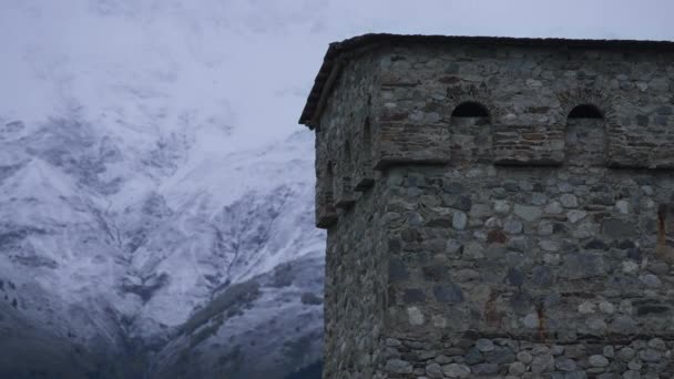 Primer Plano Torre Svan Sobre Fondo Nevado Montaña Movimiento Lento — Vídeos de Stock