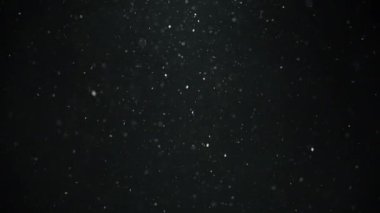 Beyaz toz parçacıkları siyah arkaplanda havada uçuşuyor. Yavaş çekim. 