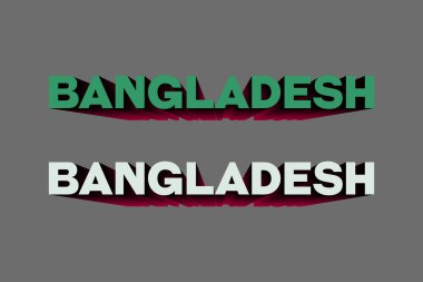 Koyu gri arkaplan üzerine Bangladeş tipografi metni. Yeşil ve Beyaz Bangladeş Metin vektörü 3D tasarım. Bangladeş ülke adı metni. 