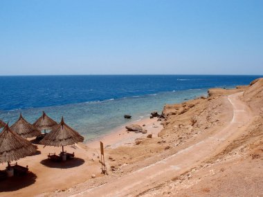 Yazın sahil ve deniz. Sahilde kum tepeleri ve şemsiyeler.