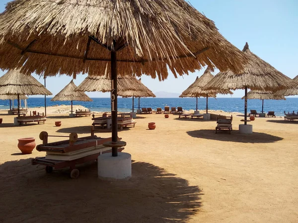 Καρέκλες Ομπρέλες Στην Άδεια Αμμώδη Παραλία Όμορφη Θέα Στην Ερημική — Φωτογραφία Αρχείου