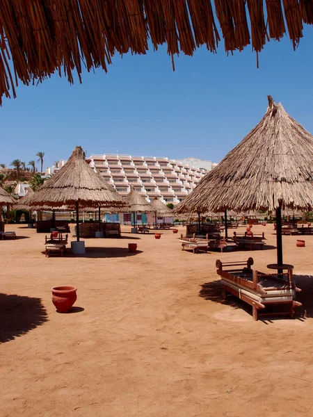 Beautiful Beach Umbrellas Chairs Sand — Φωτογραφία Αρχείου