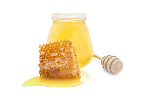 Isolate Jar Fresh Yellow Honey Nearby Honey Stick — Fotografia de Stock