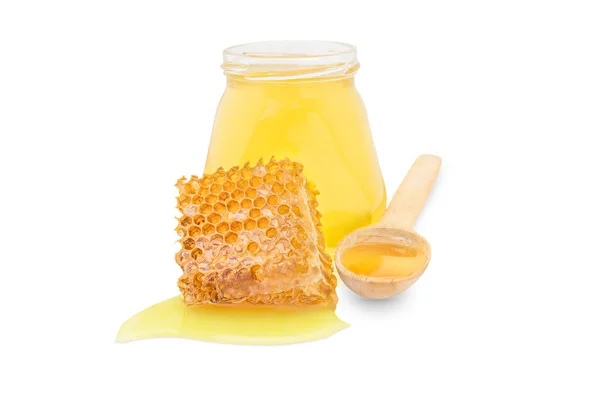 Isolate Jar Honey Next Piece Wax Spoon Filled Honey — Fotografia de Stock