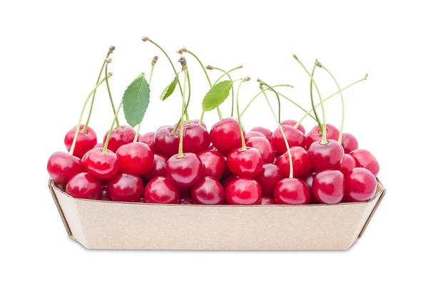 Cardboard Container Filled Red Cherries White Background — Zdjęcie stockowe
