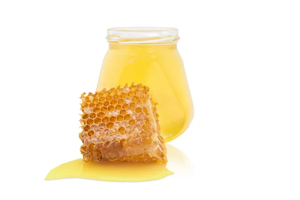 Jar Honey Next Piece Wax Spilled Honey White Background — Stock Photo, Image