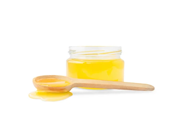 Jar Honey Next Wooden Spoon Honey Spilled — Fotografia de Stock