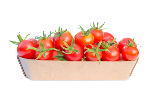 Isolate Cardboard Box Ripe Cherry Tomatoes — Stok fotoğraf
