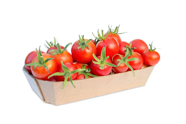 Cardboard Container Filled Red Cherry Tomatoes — Stok fotoğraf