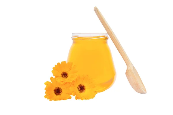 White Background Jar Honey Next Wooden Spoon Flowers — Stockfoto