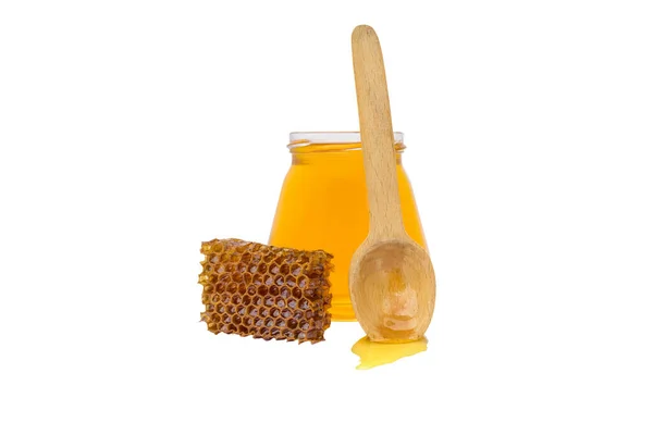 Jar Honey Next Wooden Spoon Beeswax — Fotografia de Stock