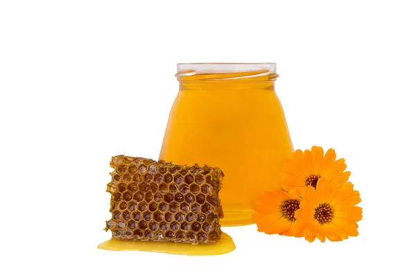 White Background Jar Honey Three Orange Flowers Barrel Beeswax — Fotografia de Stock