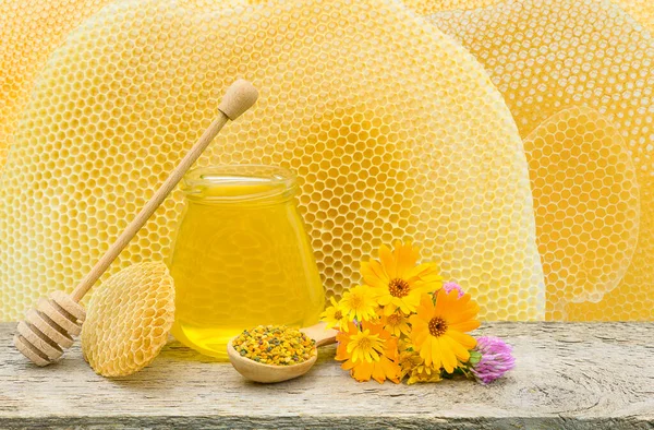 Natural background of honey and honeycombs