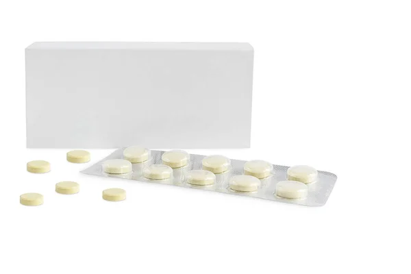 On a white background, a cardboard box and one blister with scattered pills