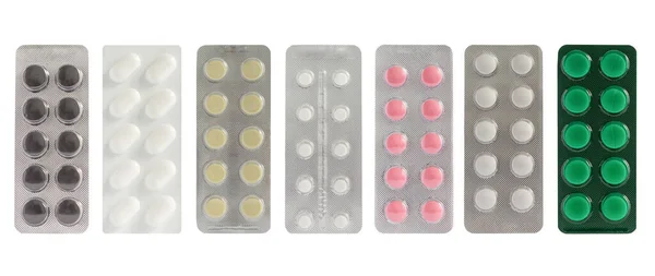White Background Seven Blisters Pills Different Colors — Foto de Stock