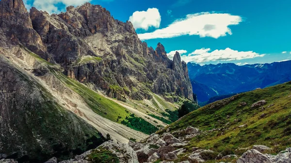 Mountain hikes in the Dolomites. Mountain panorama in Italy. Trips in the mountains in the fall.