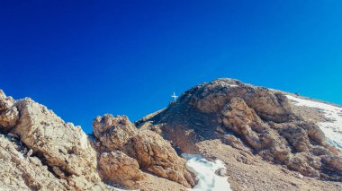 Mount Catinaccio d'Antermoia. Mountains in the Dolomites. Climbing on via ferratas. Mountain panorama in Italy. Catinaccio massif.
