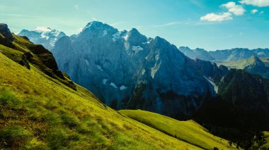 Marmolada Group in the Dolomites. Punta Penia in the Dolomites. Mountain tours in the Italian mountains. Beautiful glacier in the Dolomites.
