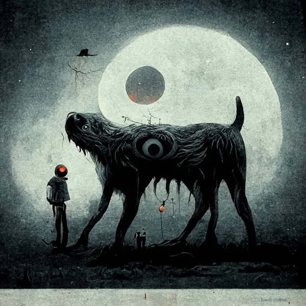 A dark beast in front of the moon. A human-eating beast. Graphic concept.