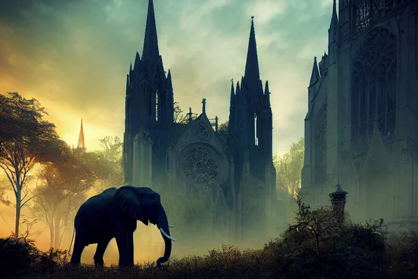 Gothic cathedral with an elephant. Destroyed cathedral at sunset. Ruined post-apocalyptic church. Computer graphics of the cathedral