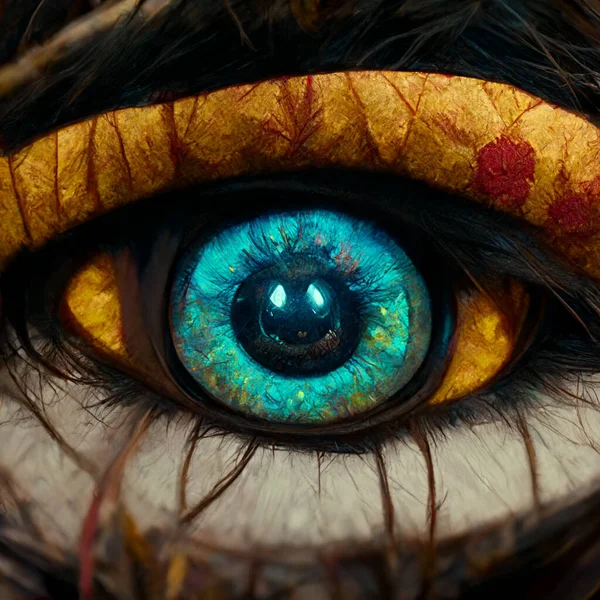 Scary monster eye. The colorful eye of the beast. Robot eye with a colored pupil. Digital art