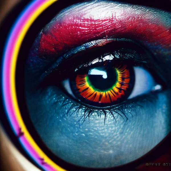 Colorful eye. Blue human skin. Futuristic eye with glasses.