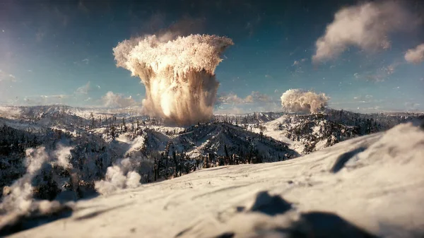 An explosion of an atomic bomb in a snowy land. Snowy view in the mountains. Picture of snowy mountains in the morning.
