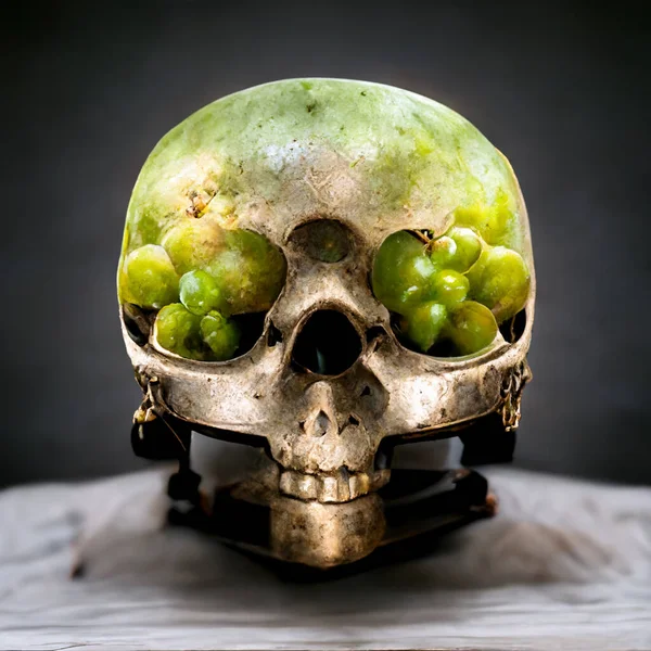 Skull on a tray. Dark human skull with grapes. Skull for Halloween.