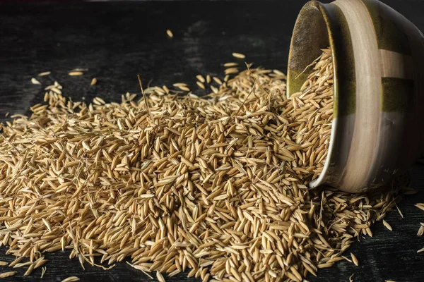 Bio Reispflanzen Fallen Aus Einer Schüssel Mit Dunklem Hintergrund Selektiver — Stockfoto