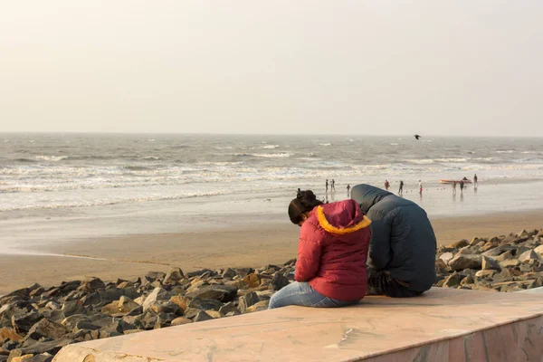 Two Travelers Engaged Mobile Phone While Sitting Sea Beach Concept — Photo