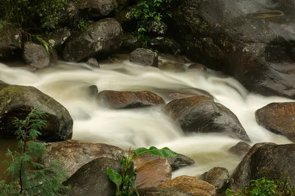 Güzel bir manzaranın ve bir dağ nehrinin uzun pozlama fotoğrafları..